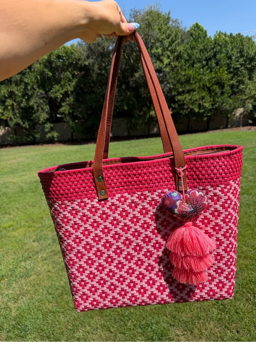 Woven Pink Tote Bag with Leather Straps and Heart Tassel Charm